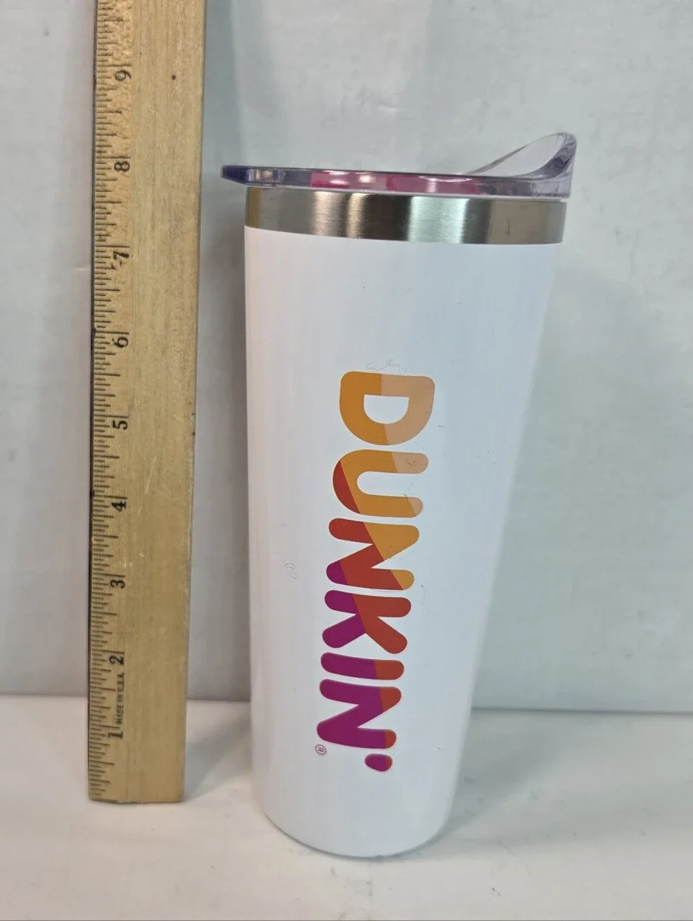Dunkin' Donuts Classic 20 oz. white stainless steel hot/cold travel tumbler.